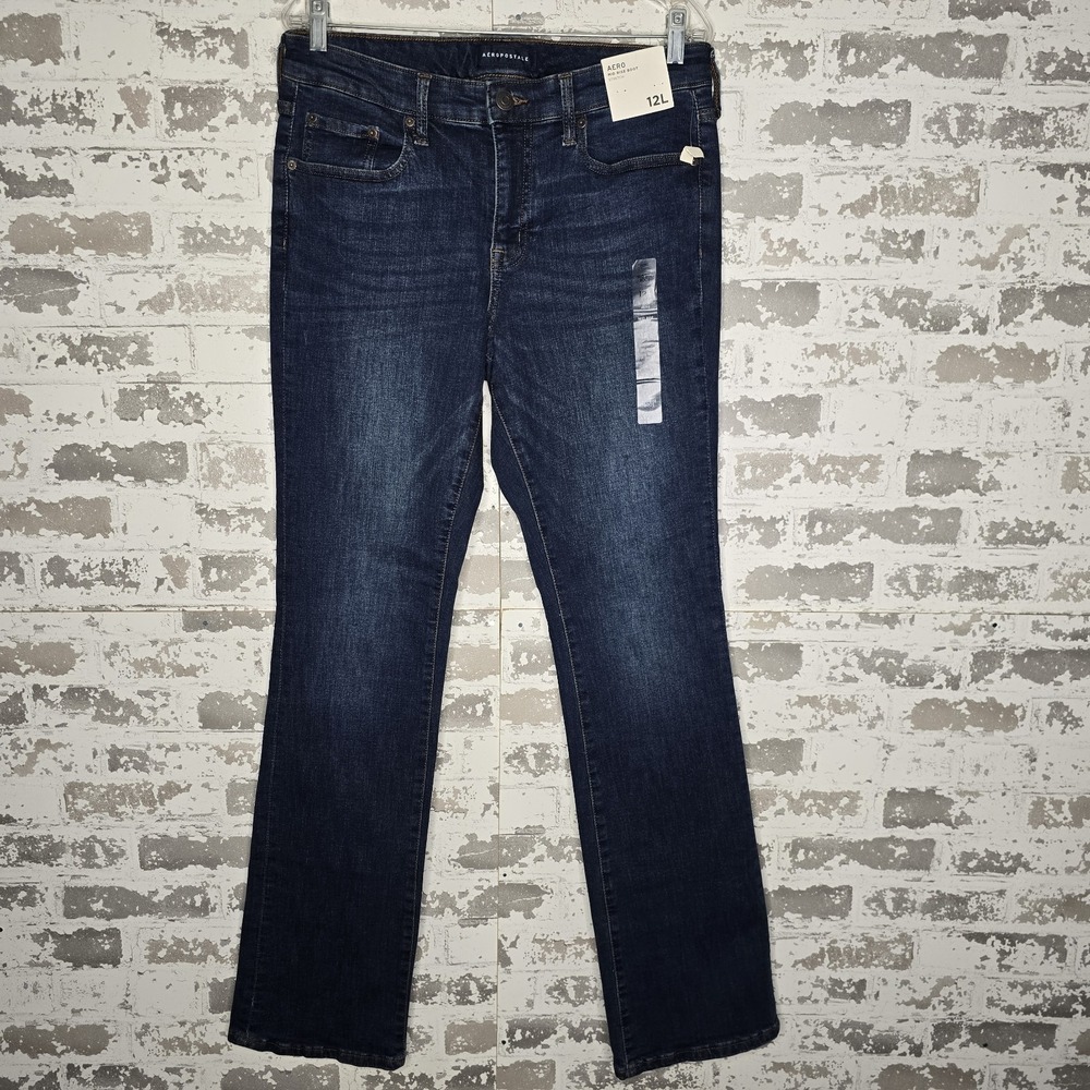 NWT Aeropostale Jeans Womens 12 Long Mid Rise Boot Cut Dark Blue Wash Denim Boho